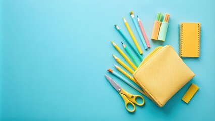 Fototapeta premium Back to school supplies flat lay on yellow pencil case with pens, pencils, notepad