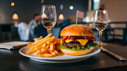 A plate of delicious burger and French fries are served in a restaurant