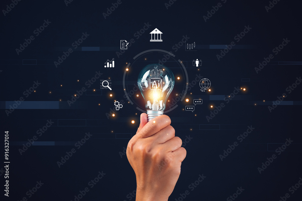Poster hand holding lightbulb with ai and digital interface icons. conceptual technology and innovation bac