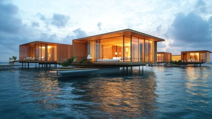 Bungalows built like gift boxes on the sea, similar to the Maldives, Christmas and Happy New Year. --ar 16:9 --v 6.1 Job ID: 0f2a0961-9d1f-4d86-8358-e1d1c32e88a5