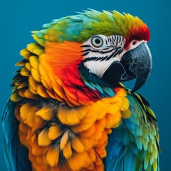 Fototapeta premium Vibrant Parrot with Colorful Feathers and Sharp Beak, Showcasing the Vivid Plumage and Characteristic Features of an Exotic Bird in a Striking Blue Background.