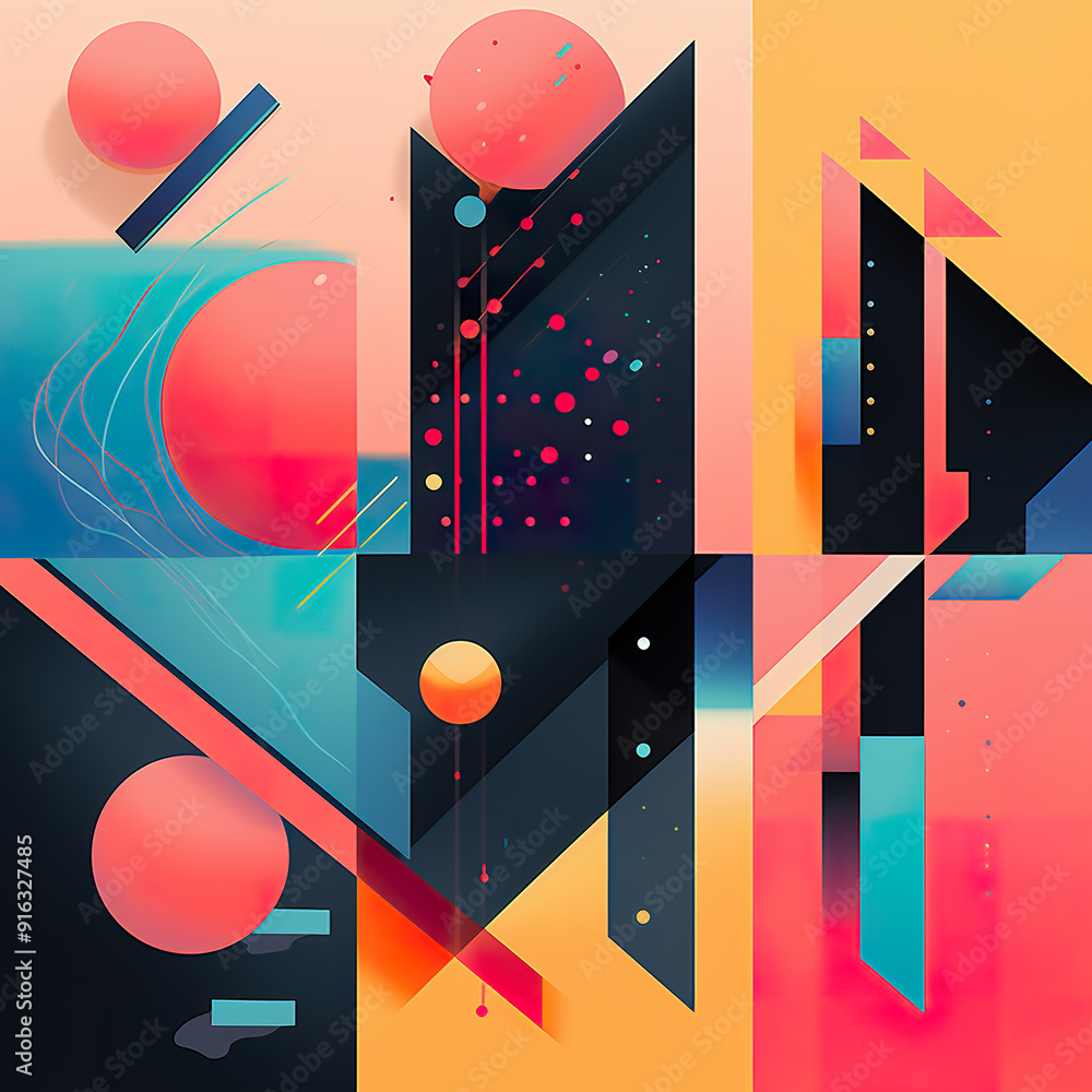 Poster abstract geometric composition with circles and lines.