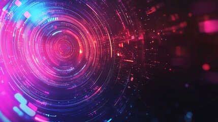 Obraz premium Abstract Neon Circles: A mesmerizing abstract background with vibrant neon blue and red circles and glowing particles. 