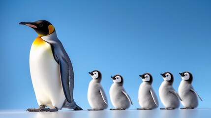 Obraz premium Mother penguin and babies blue background