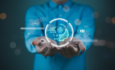Hands holding virtual interface with AI graphics and communication icons. Digital interface concept for artificial intelligence and technology. Design for print and web