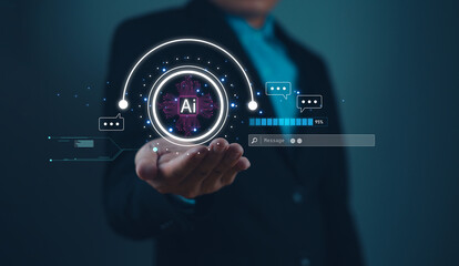 Hand holding digital AI interface with chat icons and data visualization. Concept of artificial intelligence and communication technology. Design for print and web