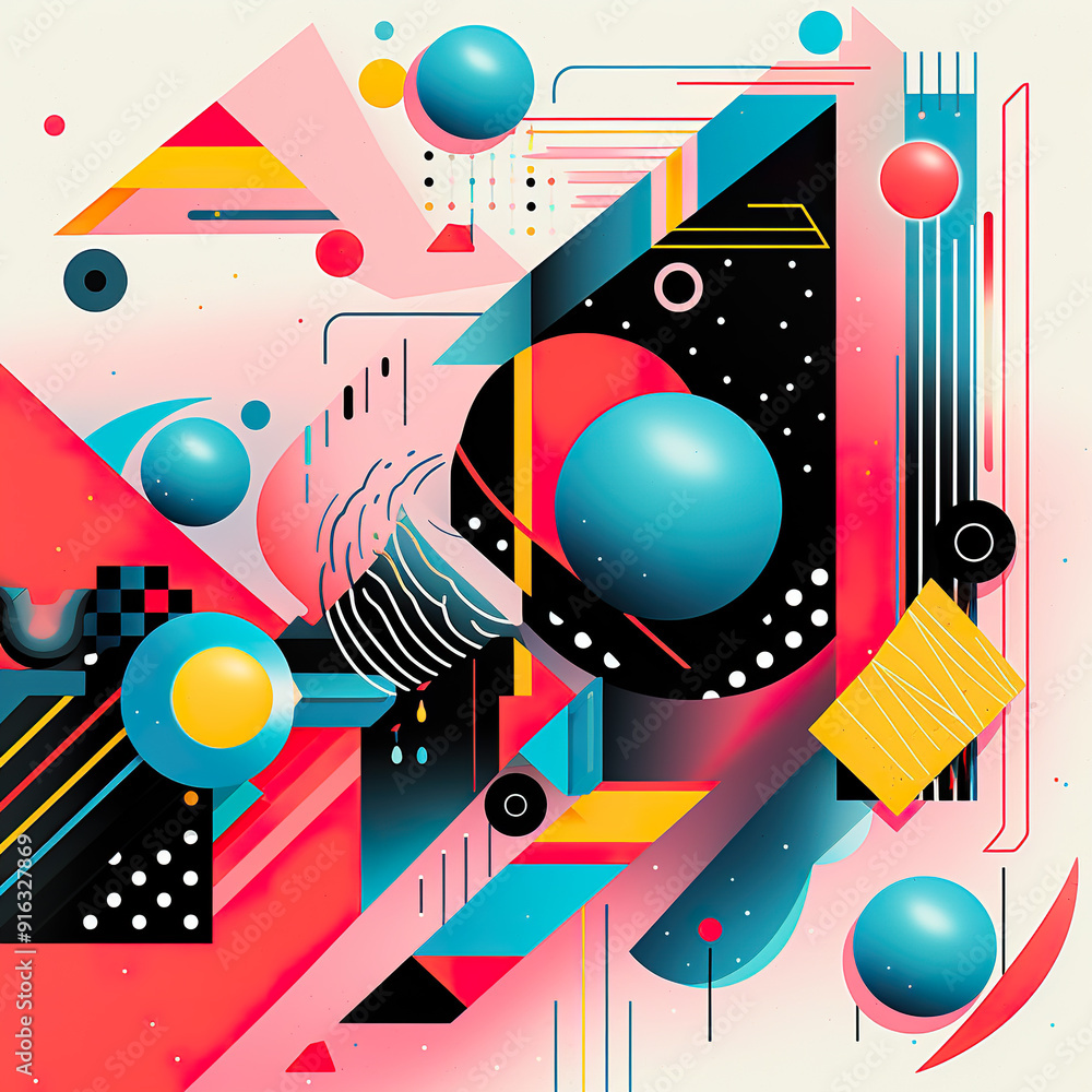 Poster abstract geometric composition with circles and lines.