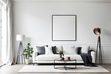 modern living room with sofa, Frame over simple white-toned furniture in front of the white wall, mock-up frame