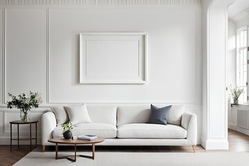 modern living room with sofa, Frame over simple white-toned furniture in front of the white wall, mock-up frame