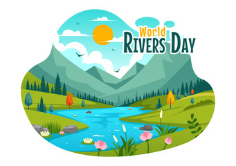 Vector Illustration of a River Landscape with Mountain Views, Green Fields, Trees, and Forests Surrounding the Rivers in a Flat Cartoon Background