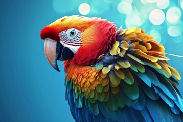 Obraz premium Vibrant Parrot with Colorful Feathers and Sharp Beak, Showcasing the Vivid Plumage and Characteristic Features of an Exotic Bird in a Striking Blue Background.