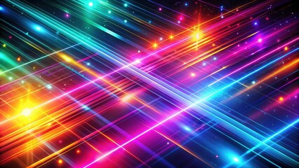 Obraz premium Vibrant multicolored light beams intersecting against a dark background, creating a dynamic and energetic abstract design with bright glowing streaks in blue, pink, yellow, and orange hues. 