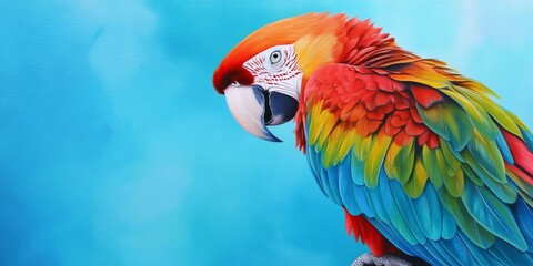 Obraz premium Vibrant Parrot with Colorful Feathers and Sharp Beak, Showcasing the Vivid Plumage and Characteristic Features of an Exotic Bird in a Striking Blue Background.