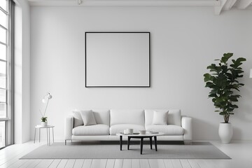 interior of a room with a sofa, Frame over simple white-toned furniture in front of the white wall, mock-up frame