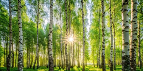 Fototapeta premium Sunlight filtering through a canopy of green leaves in a birch grove, Spring, birch trees, forest, greenery, nature, sunshine