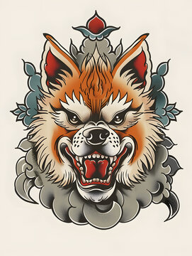 recommend clip art: Pomeranian Dog Head traditional tattoo illustration