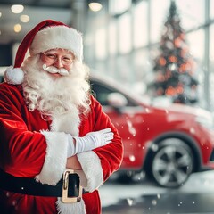 Male salesman in Santa Claus costume on blurred background. Modern car showroom ready for sale. Christmas and New Year.