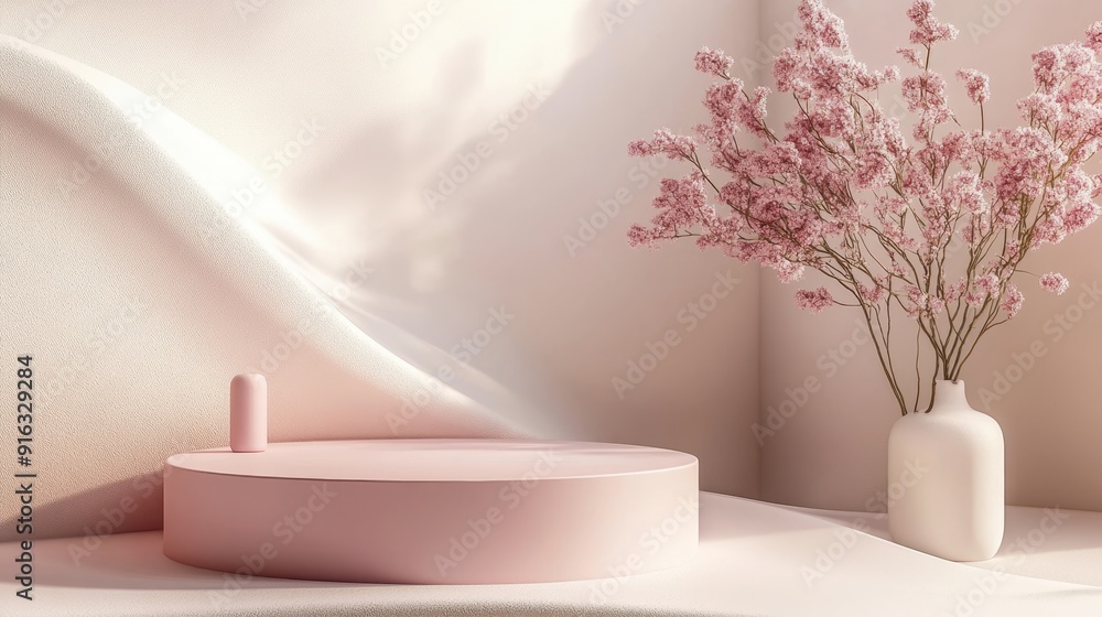 Poster elegant 3d pink podium display with soft curves on minimalistic background for product showcase