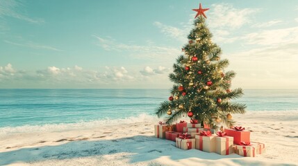 Christmas tree on white sand beach with gift boxes. Celebrate Christmas and New Year with beautiful sea backdrop.