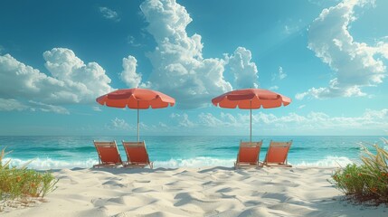 Two red umbrellas are set up on a beach, with two lounge chairs underneath them