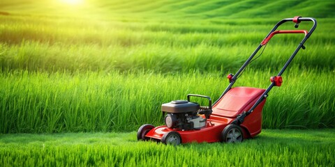 Fototapeta premium Vibrant red lawn mower standing in green grass, red, lawn mower, equipment, gardening, yard work, landscaping, tool