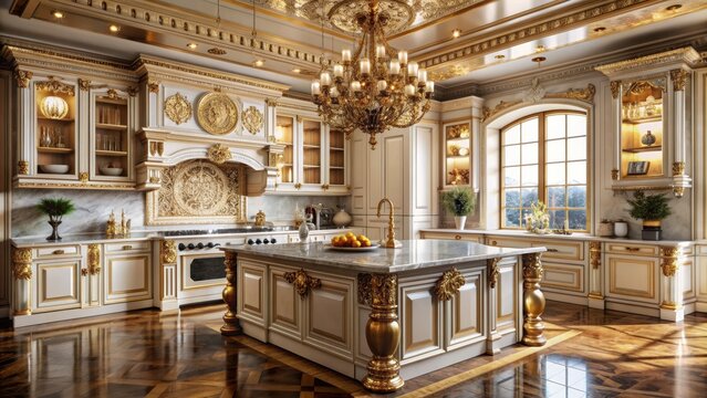 Opulent royal-inspired kitchen with luxurious decor and intricate details, luxurious, regal, elegant, extravagant
