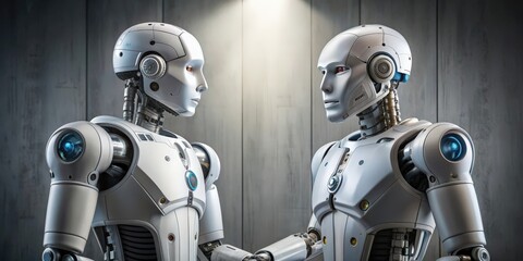 Two robots meeting , technology, artificial intelligence, future, robotics, innovation, communication