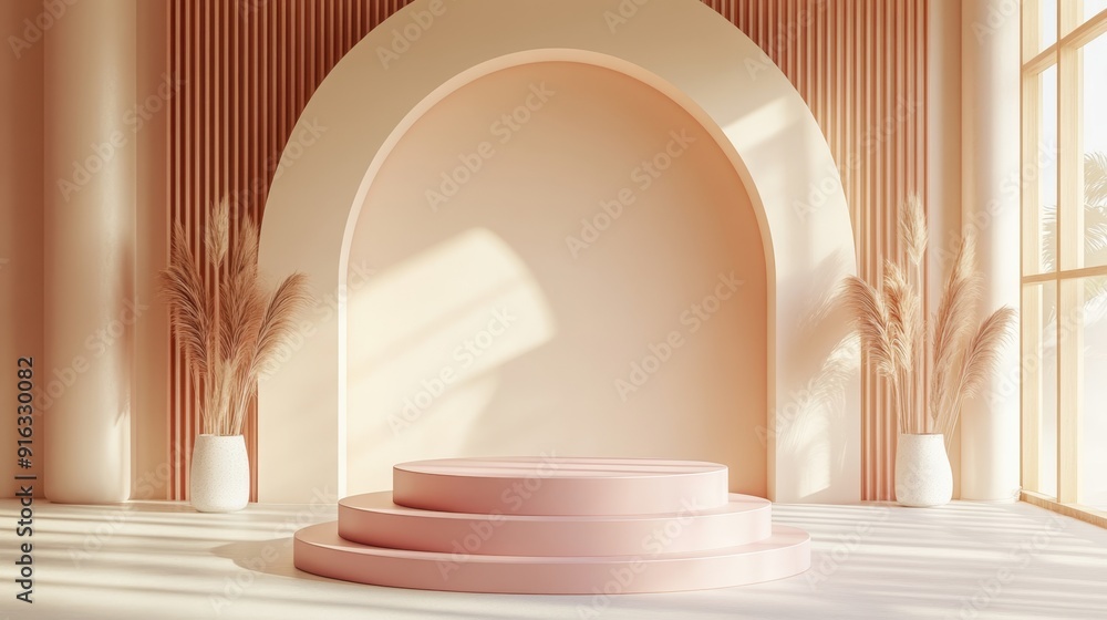 Poster modern minimalism: pink 3d podium with curved lines for elegant product display in neutral setting
