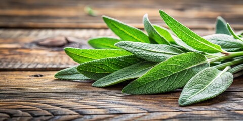 Obraz premium Fresh sage leaves on a rustic wooden table, closeup, sage, leaves, herb, green, organic, aromatic, natural, wood