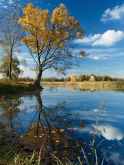 Obraz premium Autumn Serenity: Tranquil Lake Reflection with Golden Trees and Blue Sky