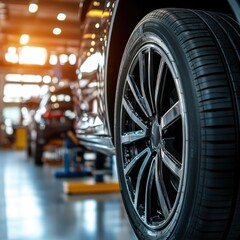 New tires, tire shop changing wheels at a service center or auto repair shop, soft sunlight