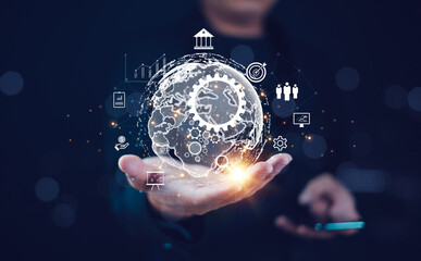 Businessman holding digital globe with data analytics and technology icons. Conceptual technology and global innovation background. Design for poster, banner, header, and website.
