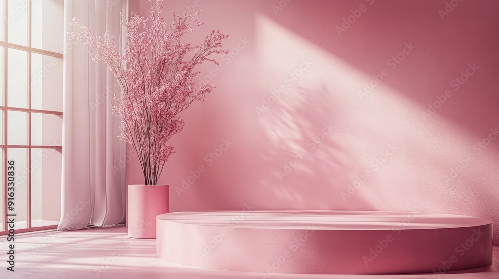 Poster elegant 3d pink podium with geometric shapes on minimal background for sophisticated product display