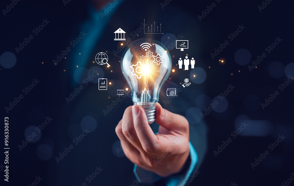 Poster businessman holding lightbulb with technology and data analytics icons. conceptual technology and in