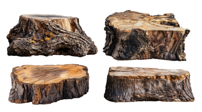 isolated natural wood oak trunk closeup in set of four