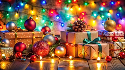 Christmas gifts surrounded by colorful lights and globes, Christmas, decoration, lights, background, gifts, present