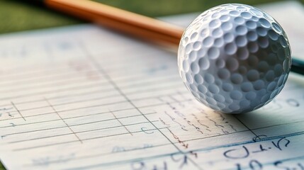 Golf Scorecard: A close-up view of a golf ball resting on a scorecard, pencil resting beside it, symbolizing the thrill of the game and the pursuit of perfection. 