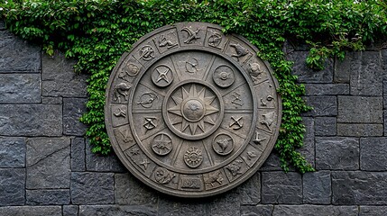 Obraz premium A collection of astrological symbols and constellations etched into a stone wall, with moss and vines growing over the surface
