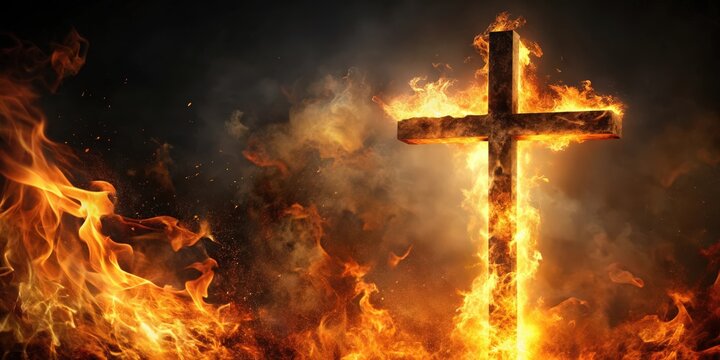 Burning fire cross with flames and glowing embers , fiery, heat, religion, symbol, intense, passion, spiritual, hot