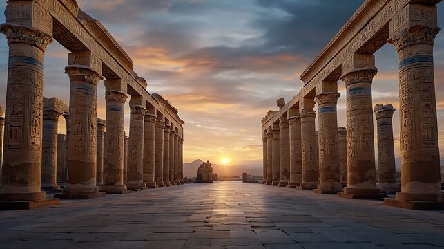 A deserted ancient temple with intricate carvings and symbols, bathed in the warm glow of the setting sun