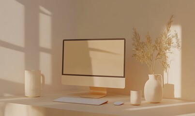 Minimalist Home Office Workspace with Beige Tones