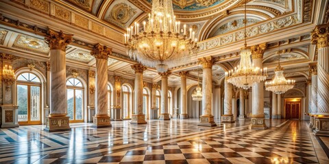 Obraz premium Luxurious palace interior with grand chandeliers, ornate ceilings, and elegant marble columns, castle, hall, royal