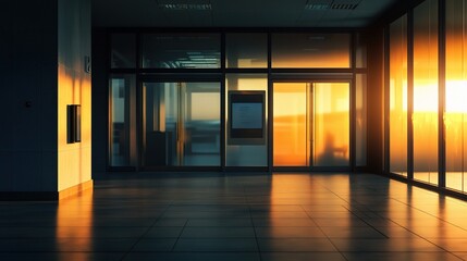 Golden Hour Office:  The sun sets behind a modern office building, casting a warm glow through the glass windows. The interior is bathed in a soft, golden light