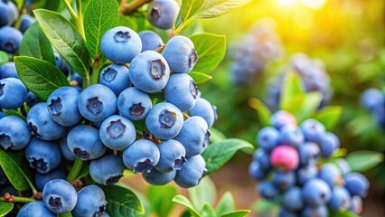 Fototapeta premium Fresh organic blueberries on a bush in a garden , Blueberries, organic, tasty