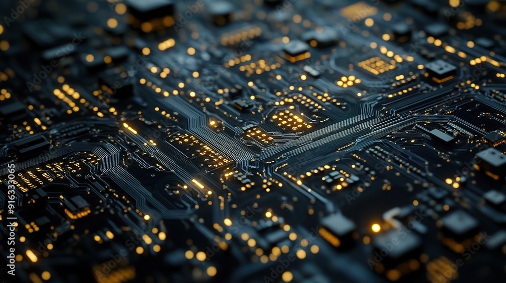 Poster digital brain: a close-up on a futuristic circuit board, pulsing with golden light, embodying the po