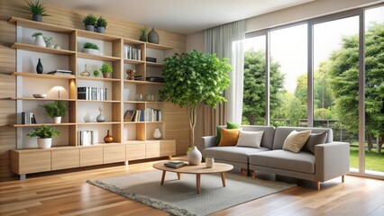 modern living room with shelf and tree decoration, filled with natural light, rendering, modern, living room