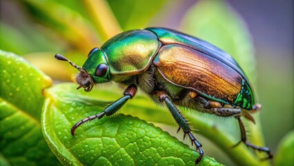 Close up of a shiny Japanese beetle on a green plant, insect, bug, pest, garden, agriculture, invasive species, metallic green