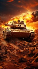 armored tank crosses a mine field during war invasion epic scene of fire and some in the desert, wide poster design with copy space area  
