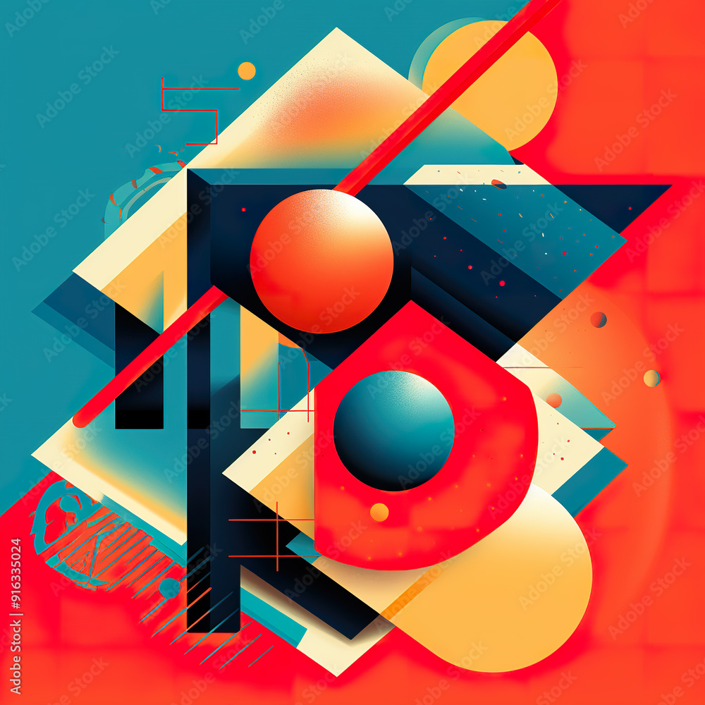 Poster abstract geometric composition with spheres and diagonal lines.