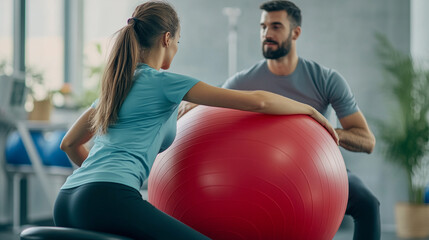 Spinal Rehabilitation Exercise on Fitness Ball with Physical Therapist